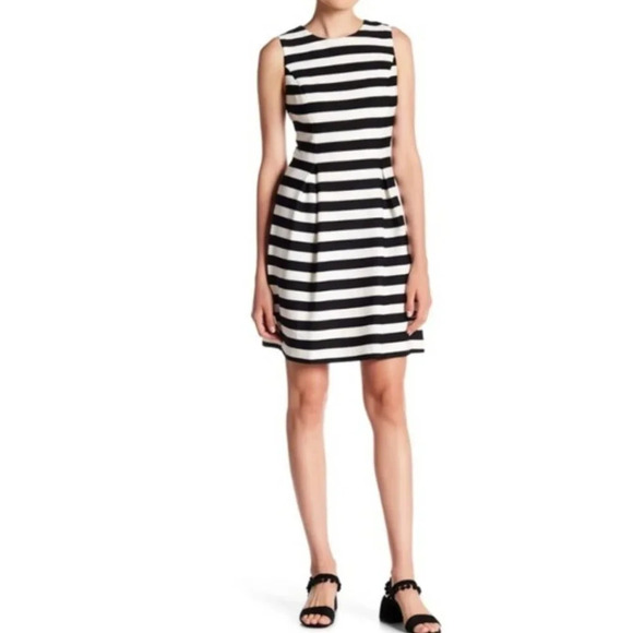 Eliza J Black & White Striped Pleated Sleeveless Fit & Flare Dress Size 4 - Picture 1 of 9
